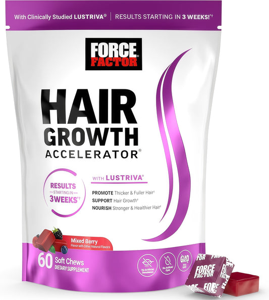Force Factor Hair Growth Accelerator SoftChews, Hair Growth Vitamins for Women andMen with Clinically Studied Lustriva and Biotin,Promotes Thicker, Fuller, Stronger Hair, MixedBerry, 60 Soft Chews